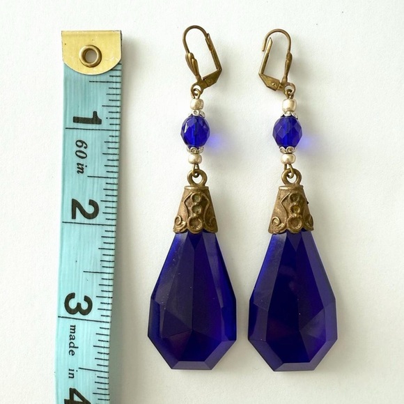Art Deco Blue Czech Glass Teardrop Dangle Earrings - Picture 5 of 5
